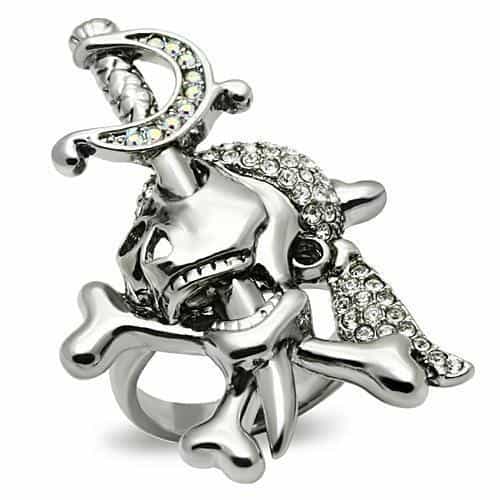 Brass Silver Skull Crossbones CZ Ring | The Stainless Jewelry view 1