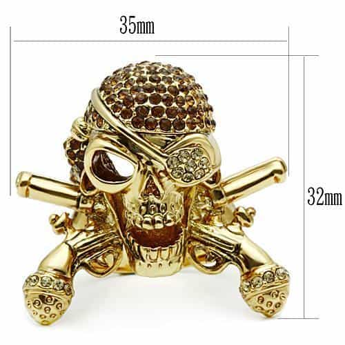 Brass Gold Pirate Skull Crossbones CZ Ring view 7