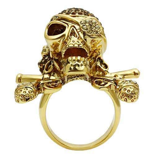Brass Gold Pirate Skull Crossbones CZ Ring view 3