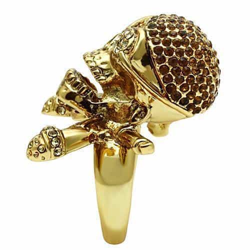 Brass Gold Pirate Skull Crossbones CZ Ring view 5