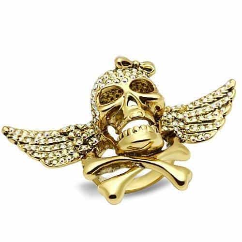 Brass Gold Skull Angel Wings CZ Ring | The Stainless Jewelry view 1