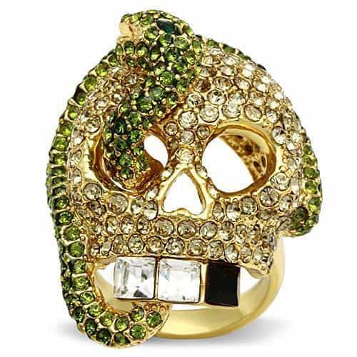 Brass Gold Green CZ Skull Ring | The Stainless Jewelry view 1