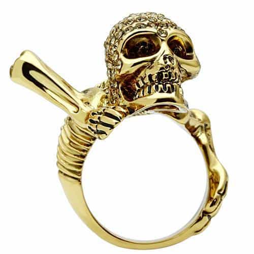 Brass Gold Skull Crossbones Guitar CZ Ring view 3