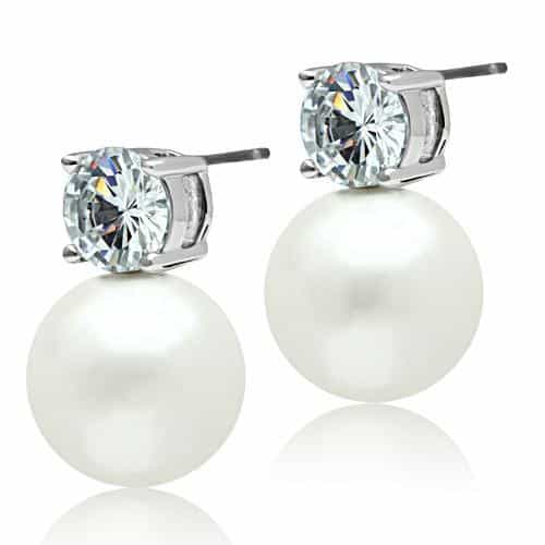 Brass Pearl CZ Round Double Stud Earrings | The Stainless Jewelry view 2