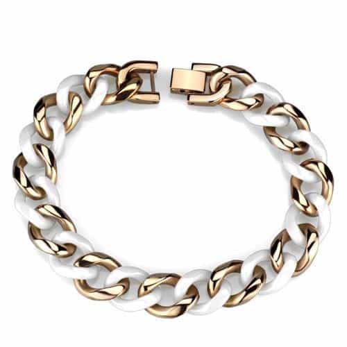 Stainless Steel Rose Gold White Ceramic Curb Link Bracelet view 1