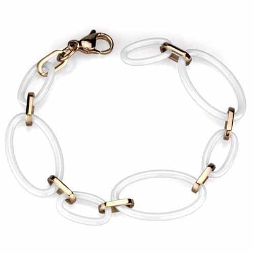 Stainless Steel Rose Gold White Ceramic Oval Link Bracelet view 1