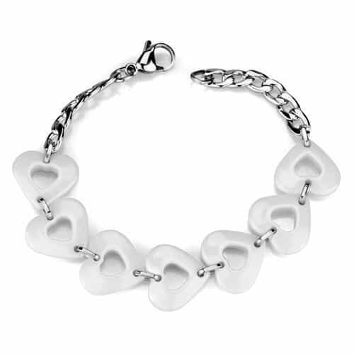 Stainless Steel White Ceramic Heart Link Bracelet view 1
