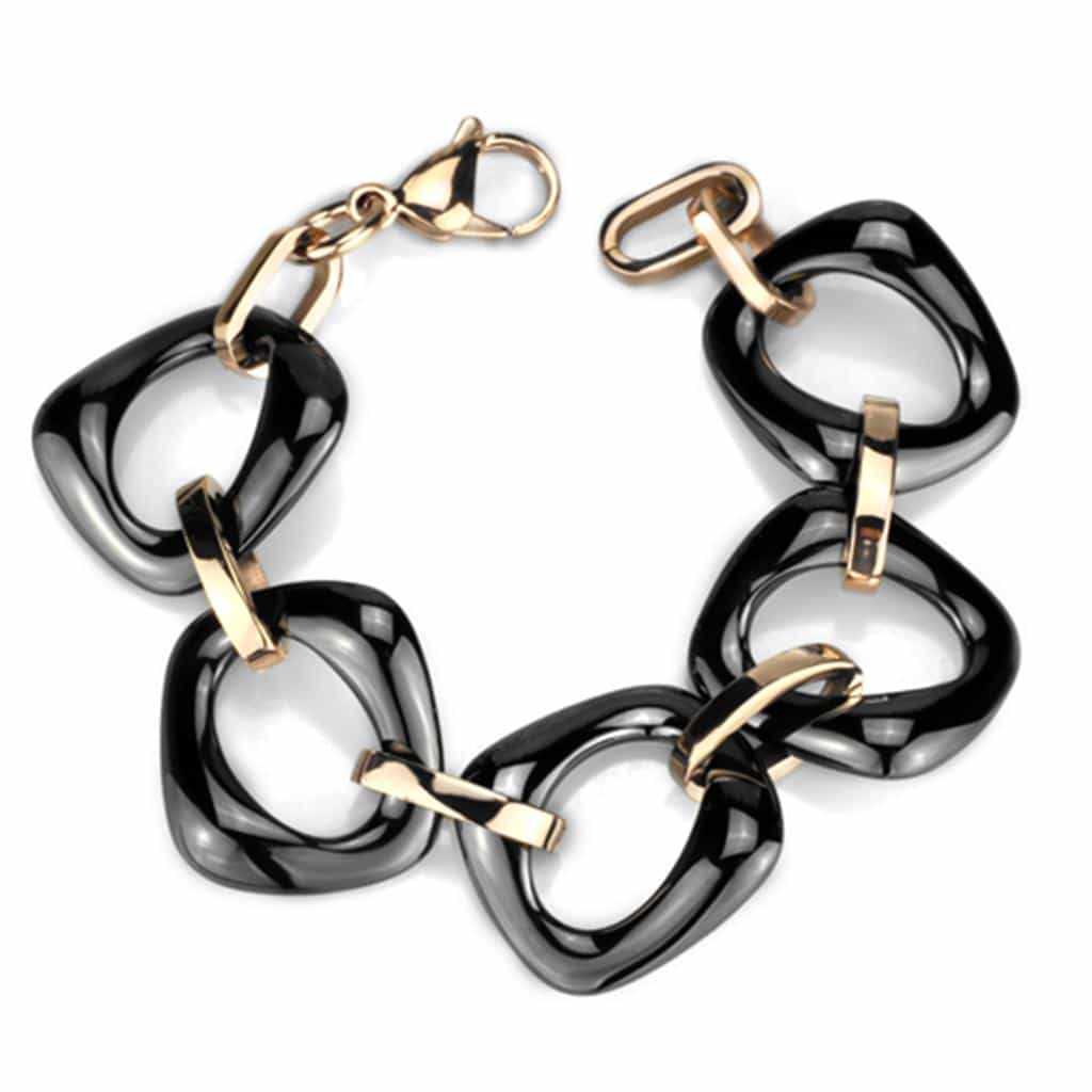 Stainless Steel Black Ceramic Open Cushion Gold Link Bracelet view 1