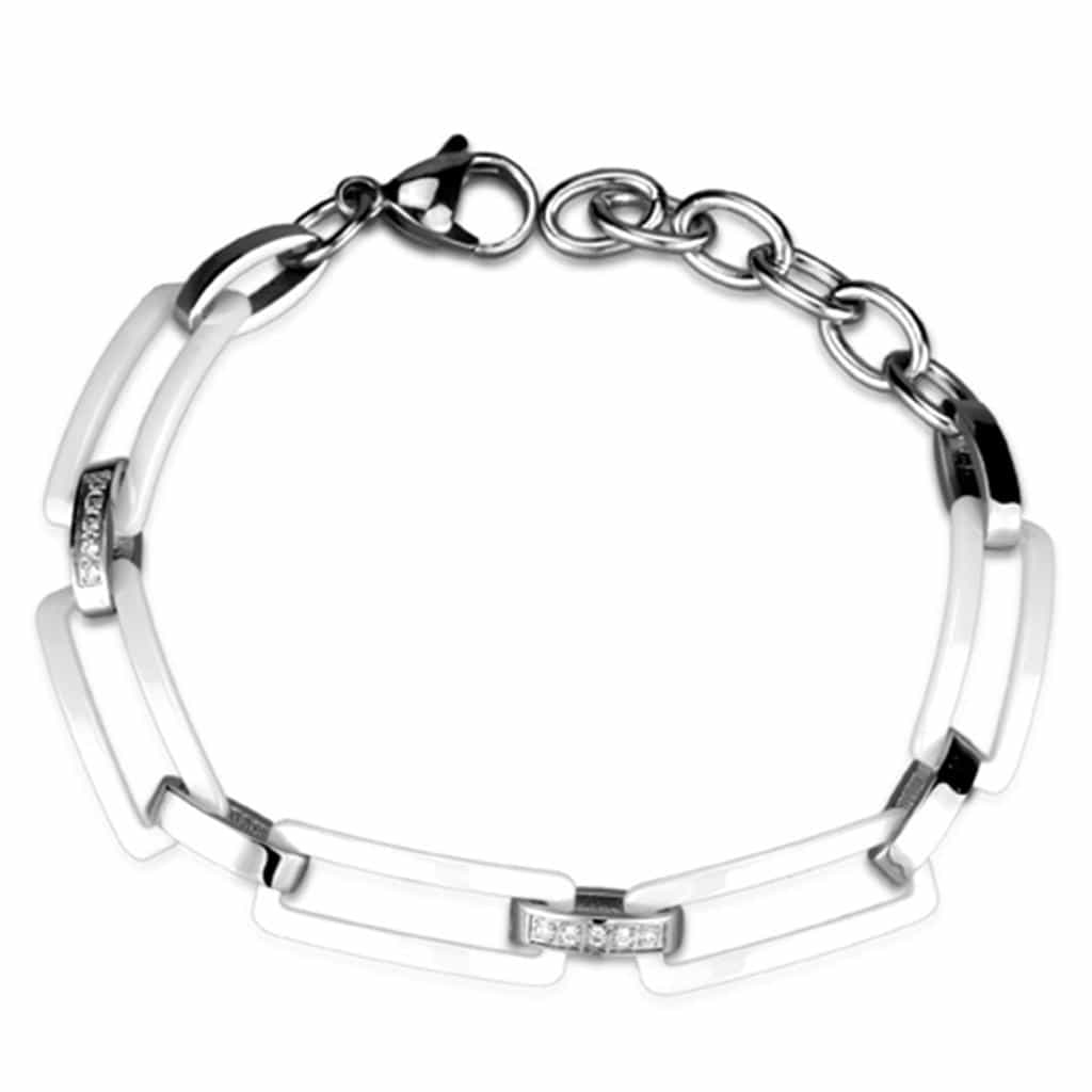 Stainless Steel White Ceramic Rectangle Silver Link Bracelet view 1