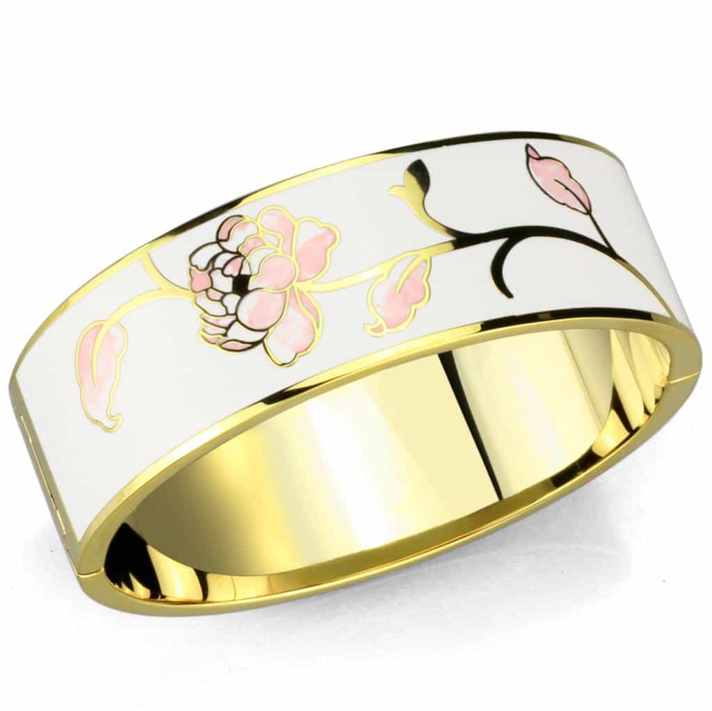 Brass Gold White Enamel Pink Floral Bracelet view 1