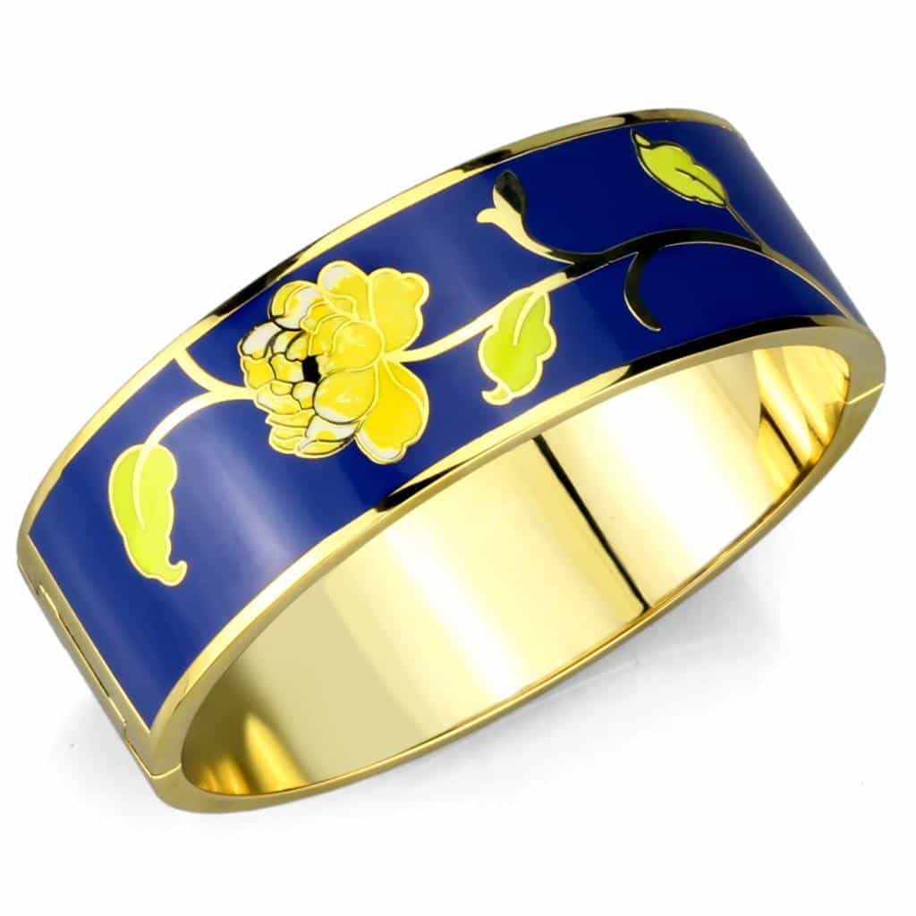 Brass Gold Blue Enamel Yellow Floral Bracelet view 1