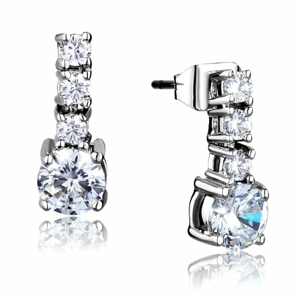 Brass CZ Princess Graduated Three-Stone Drop Earrings view 1