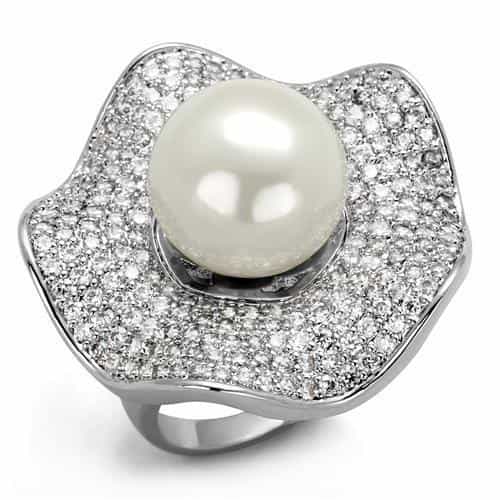 Brass Pearl CZ Pavé Flower Petal Dome Ring view 1