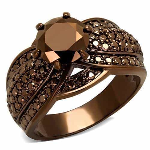 Brass Coffee CZ Round Split Shank Ring | The Stainless Jewelry view 1