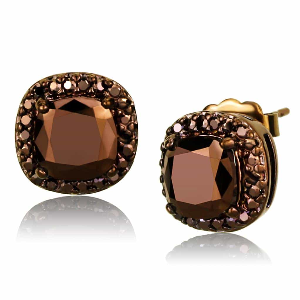 Brass Coffee CZ Cushion Halo Stud Earrings view 1