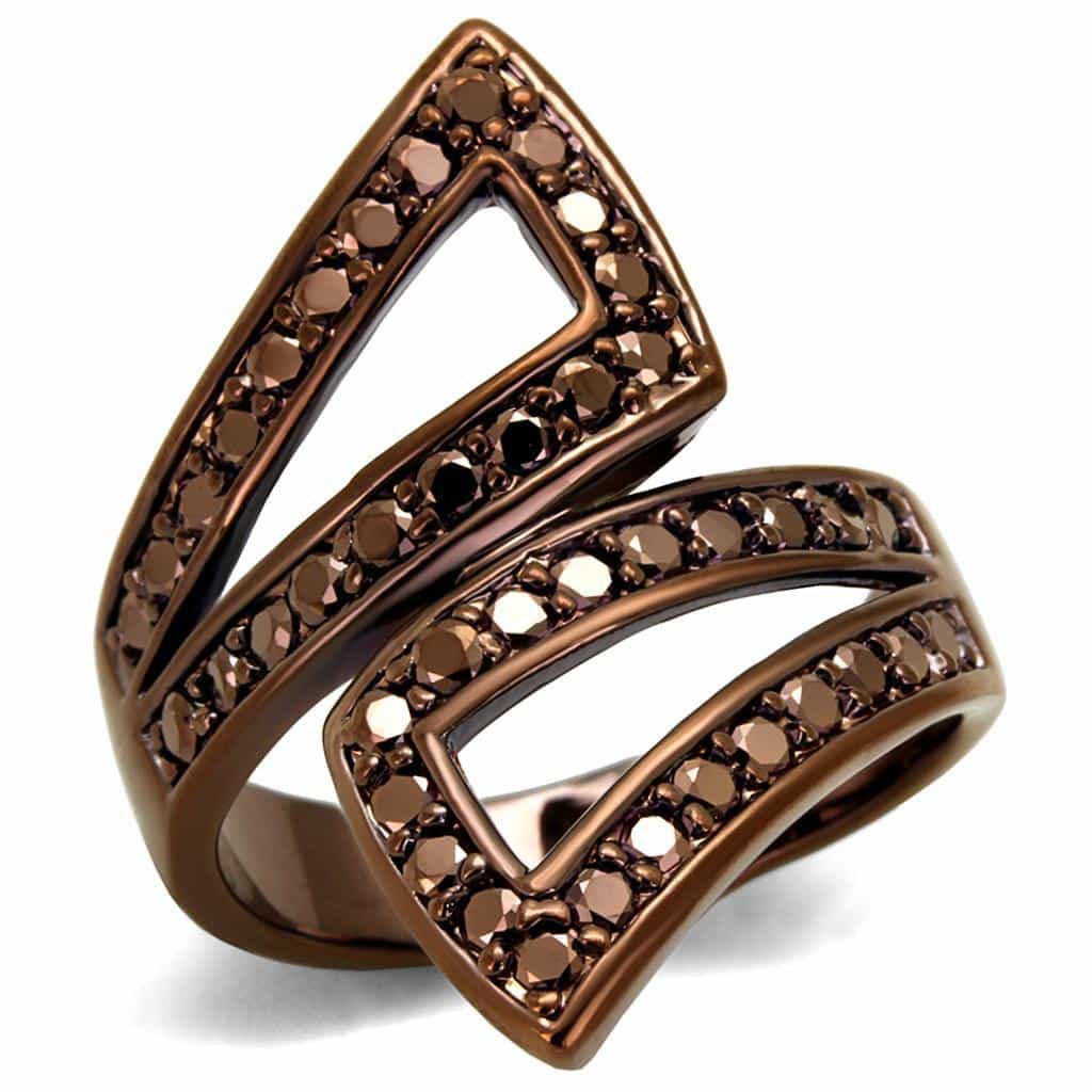 Brass Coffee CZ Double Chevron V Open Ring view 1