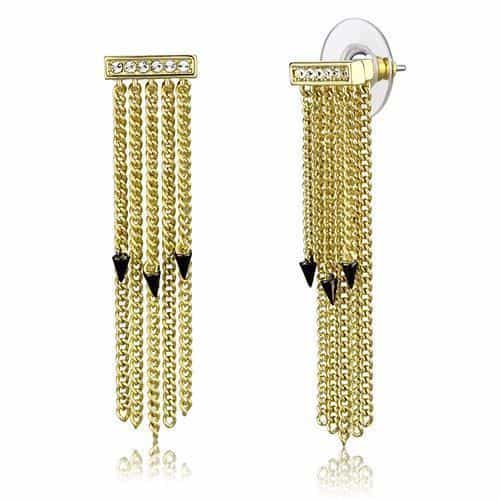Brass Gold CZ Chain Fringe Black Spike Earrings view 1