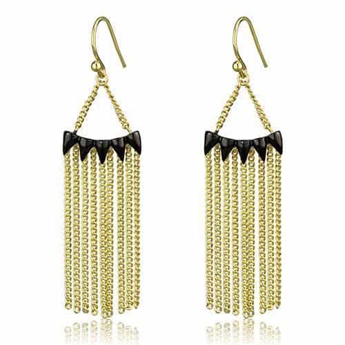 Brass Gold Chain Fringe Triangle Black Spike Earrings view 1