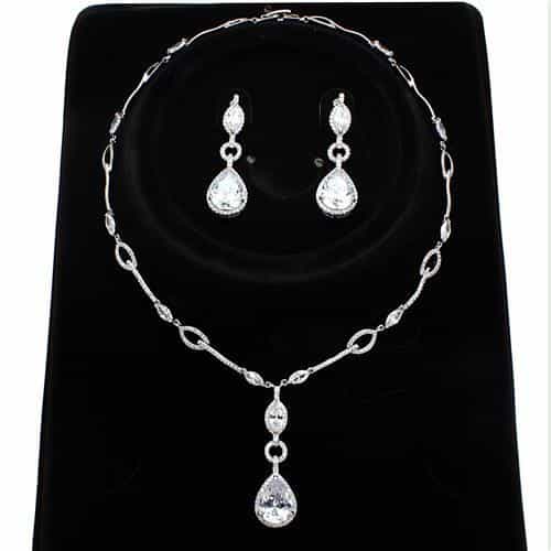 Brass CZ Marquise Drop Link Chain Set Necklace view 1