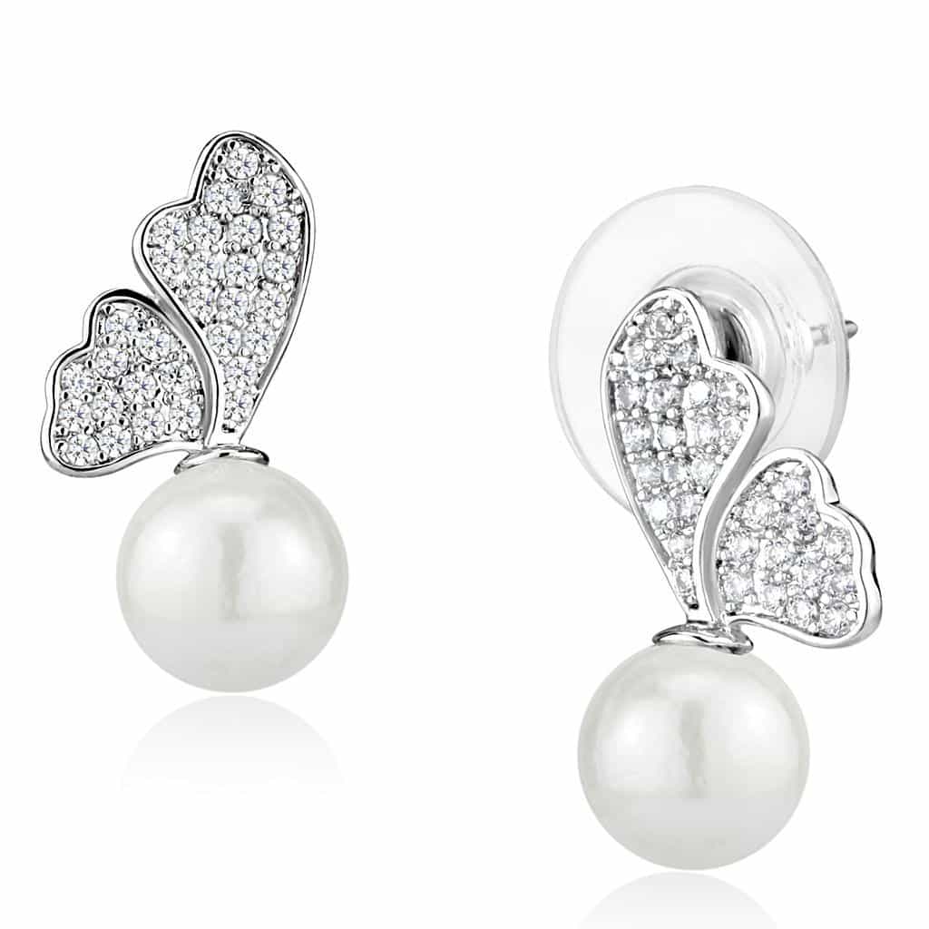 Brass CZ Butterfly Pearl Drop Earrings | The Stainless Jewelry view 1