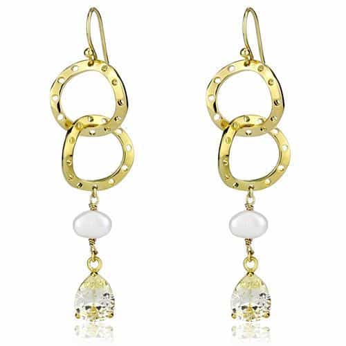 Brass Gold Hammered Circle Pearl CZ Drop Earrings view 1