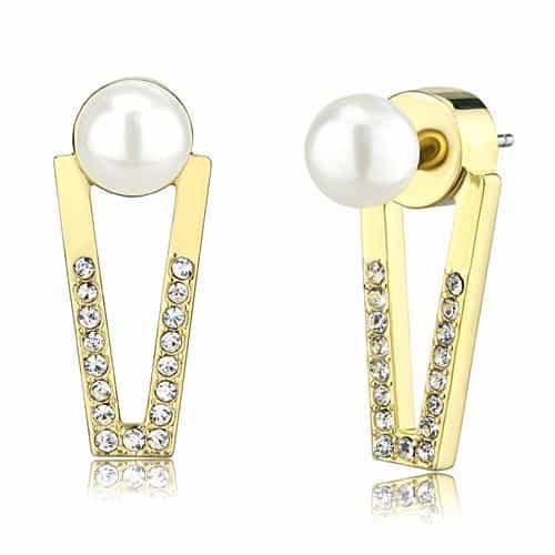 Brass Gold Pearl CZ V-Shape Ear Jacket Earrings view 1