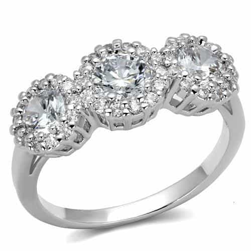 Brass CZ Three-Stone Round Halo Ring | The Stainless Jewelry view 5