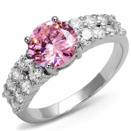 Brass Pink CZ Round Solitaire Pavé Band Ring view 5