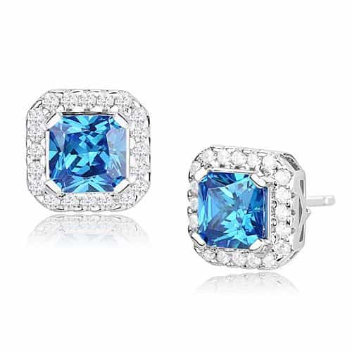 Sterling SilverBlue Topaz Princess-Cut Halo Stud Earrings view 1