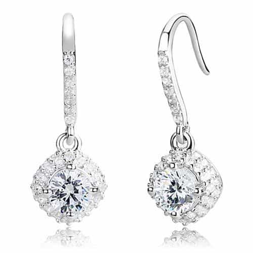Sterling Silver CZ Round Halo Cluster Hook Drop Earrings view 1