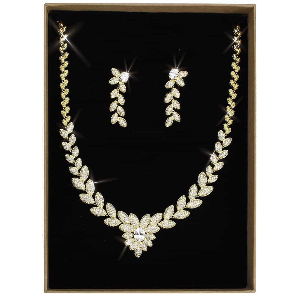 Brass Gold CZ Leaf Vine Collar Set | The Stainless Jewelry view 1