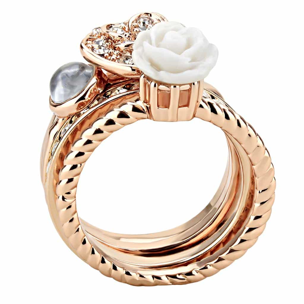 Brass Rose Gold White Rose CZ Flower Stack Ring view 8