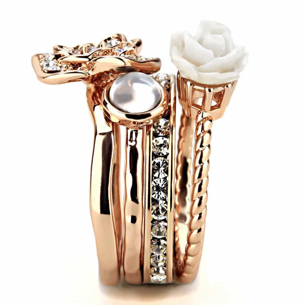 Brass Rose Gold White Rose CZ Flower Stack Ring view 4