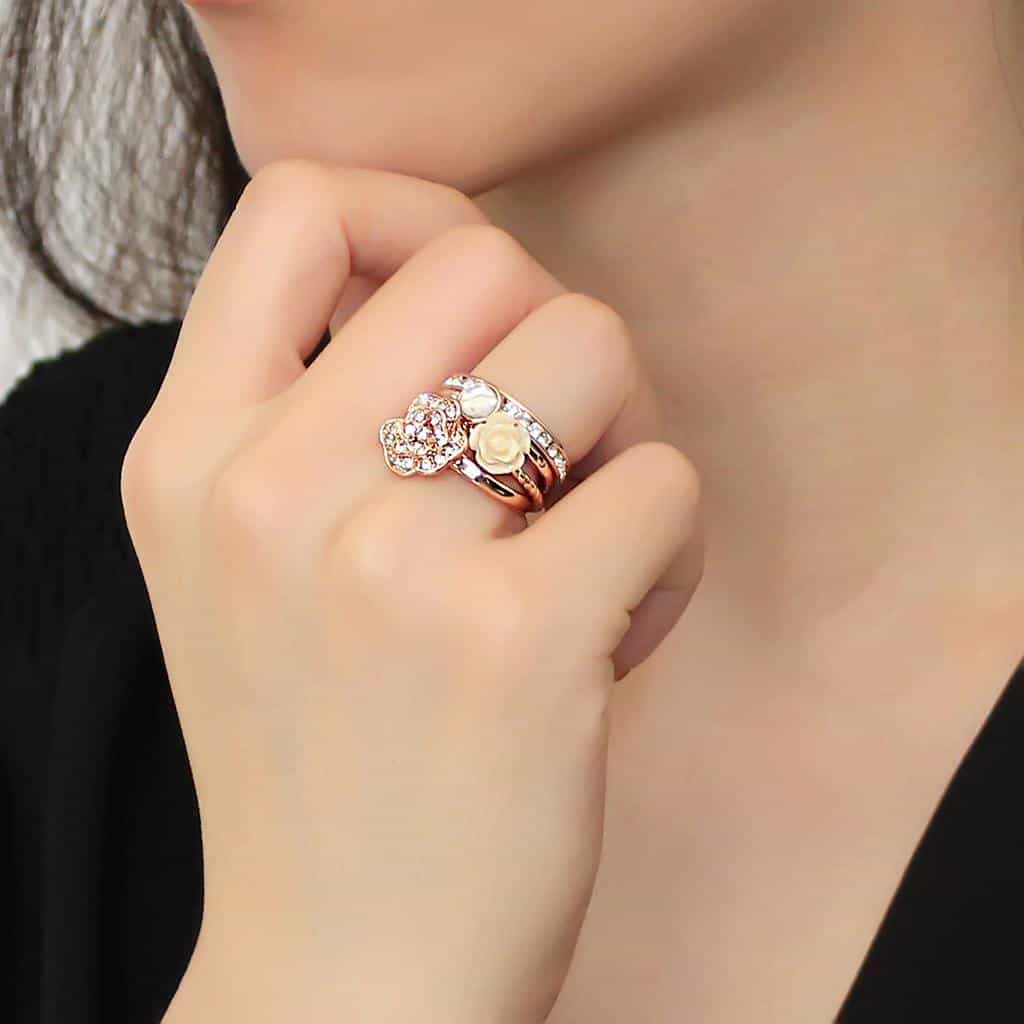 Brass Rose Gold White Rose CZ Flower Stack Ring view 5