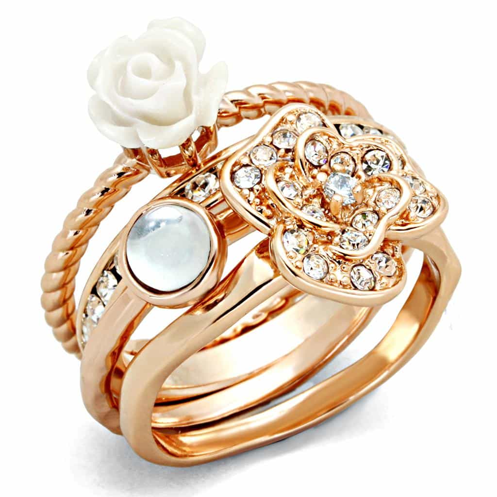 Brass Rose Gold White Rose CZ Flower Stack Ring view 6