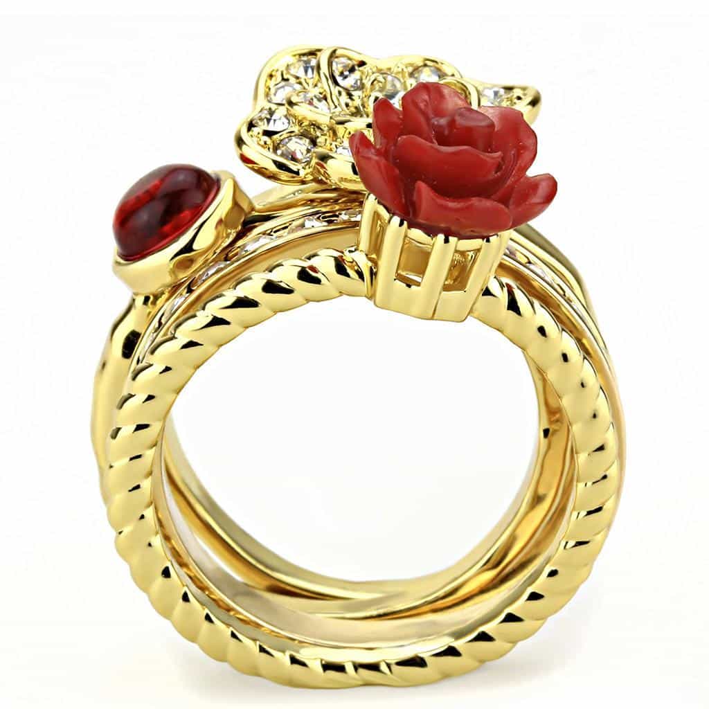 Brass Gold Red Rose CZ Butterfly Stack Ring view 3