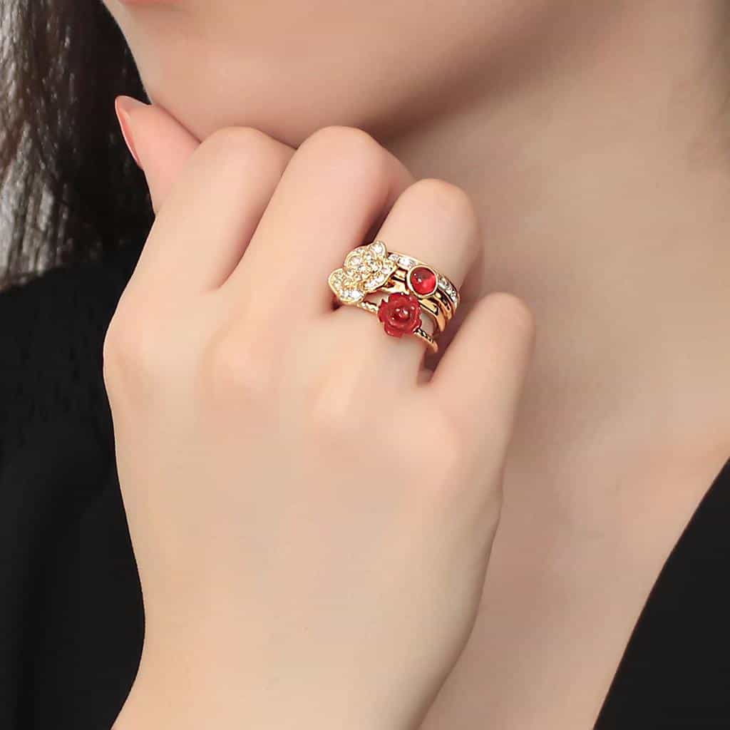 Brass Gold Red Rose CZ Butterfly Stack Ring view 10