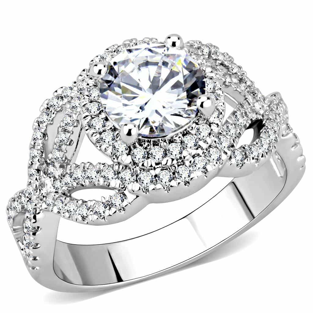 Brass CZ Round Double Halo Twisted Ring | The Stainless Jewelry view 1