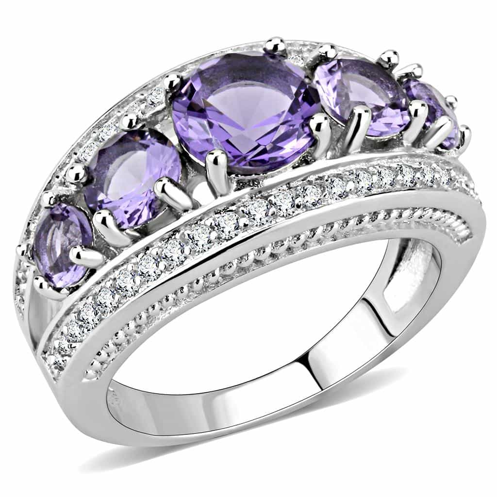 Brass Amethyst Three-Stone Milgrain Wide Ring view 6