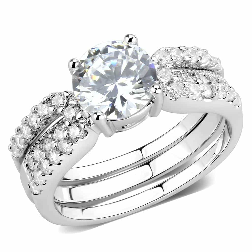 Brass CZ Round Solitaire Pavé Triple Band Bridal Ring view 1