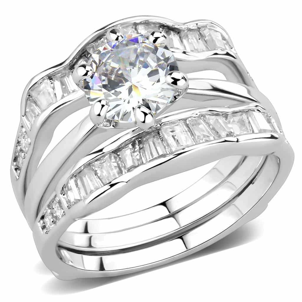 Brass CZ Round Solitaire Baguette Wide Bridal Ring view 1