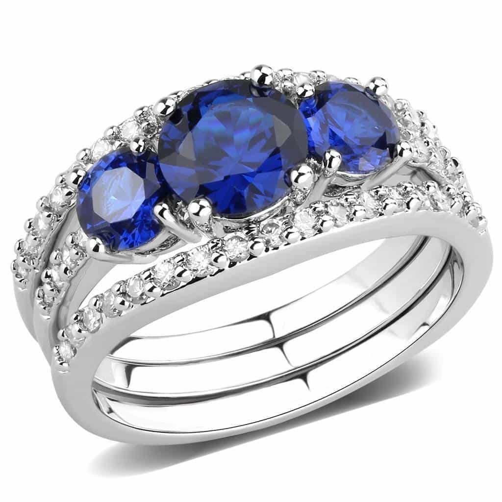 Brass Sapphire Round Three-Stone Pavé Ring view 1