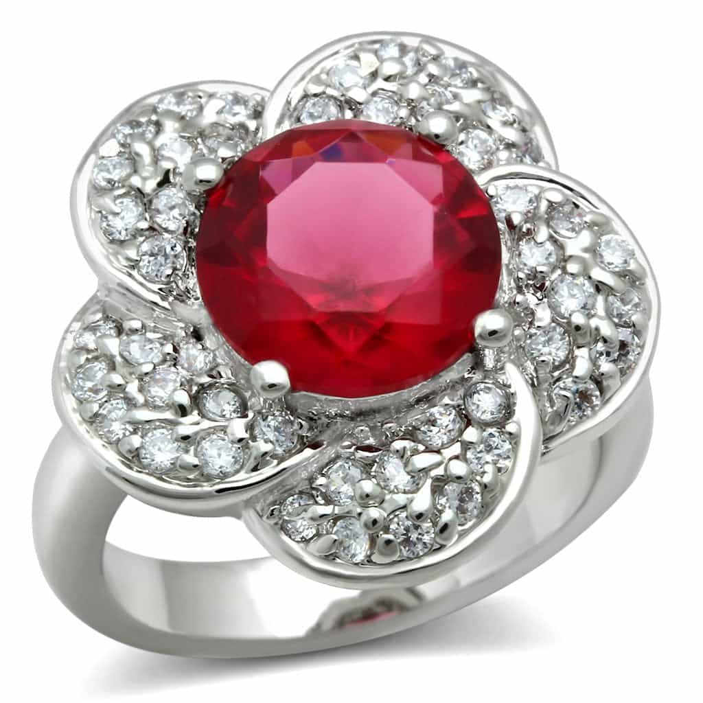 Brass Ruby Round CZ Flower Halo Ring | The Stainless Jewelry view 1