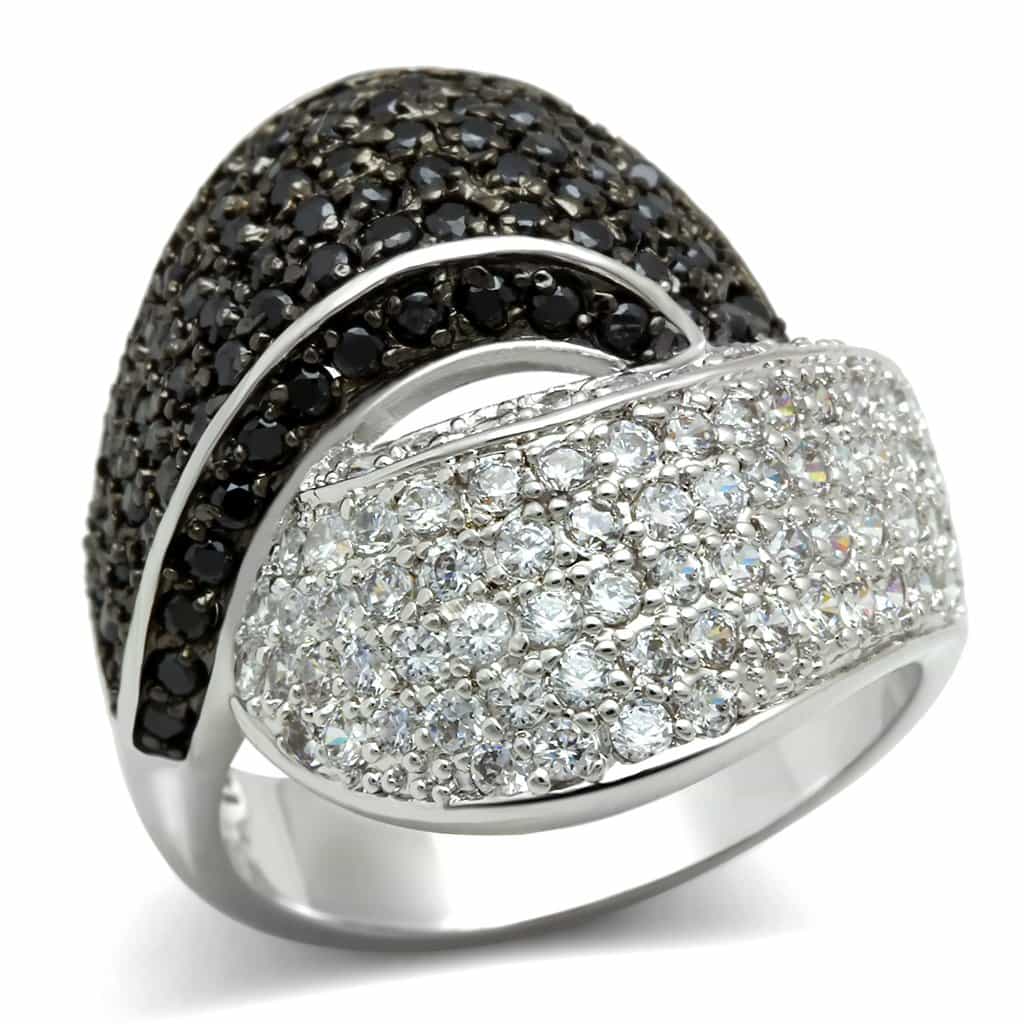 Brass Black White CZ Pavé Crossover Wide Ring 3W157 view 1