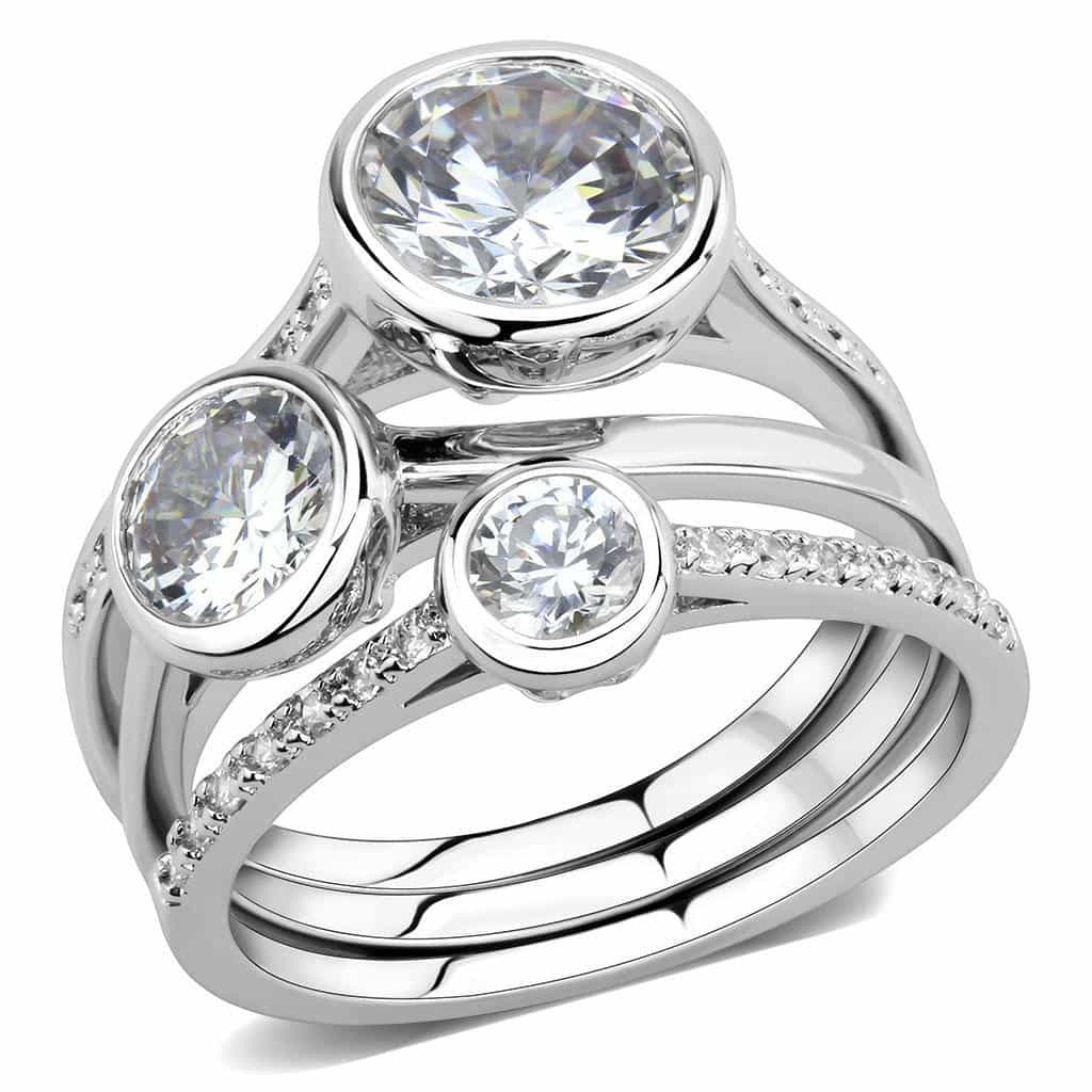 Brass CZ Round Bezel Triple Stack Bridal Ring view 1