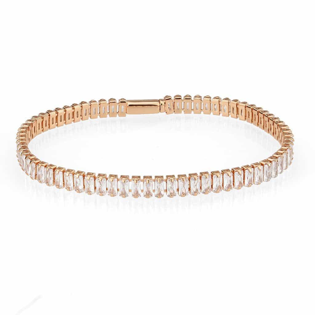 Brass Rose Gold CZ Baguette Tennis Clasp Bracelet view 1