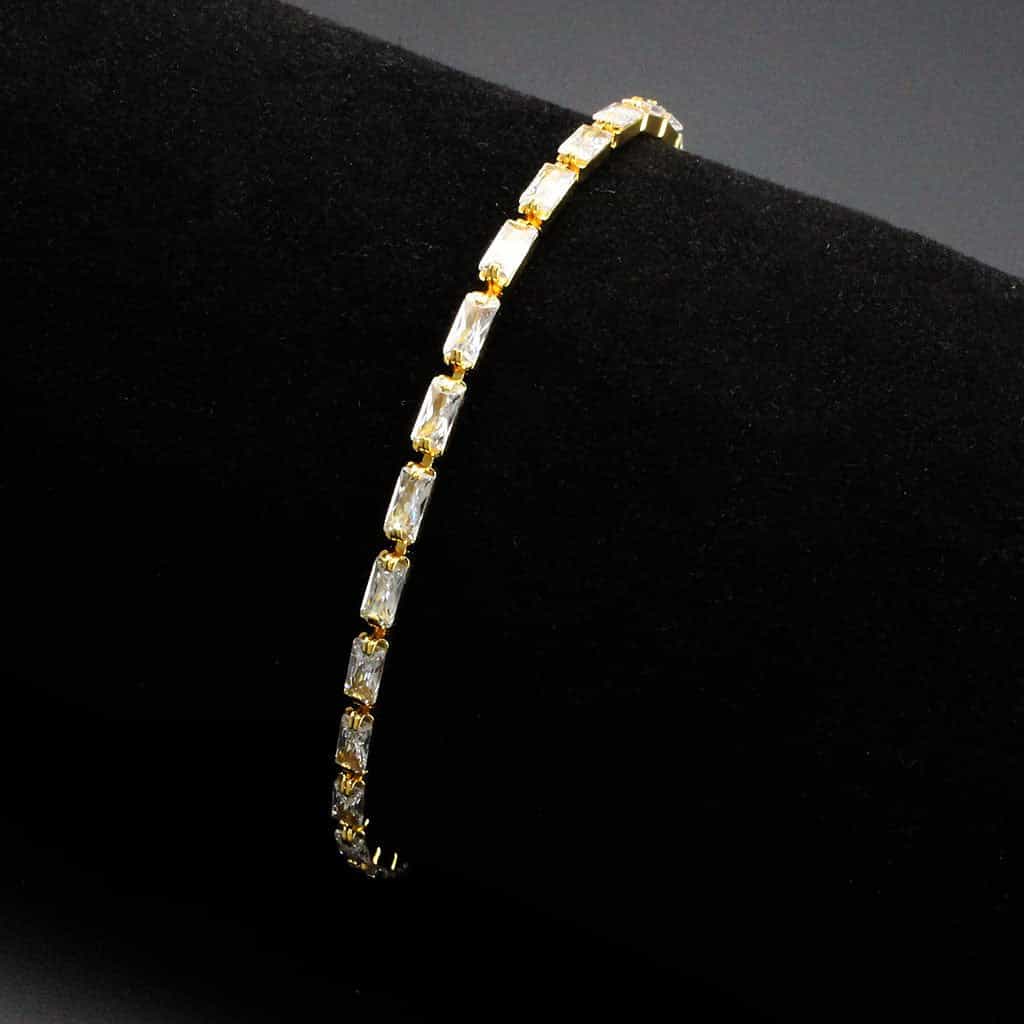 Brass Gold CZ Baguette Round Station Tennis Bracelet view 2