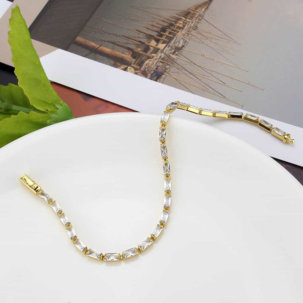 Brass Gold CZ Baguette Round Station Tennis Bracelet view 5
