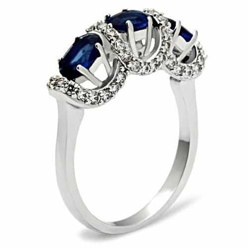 Brass Sapphire Oval Three-Stone CZ Halo Ring view 4