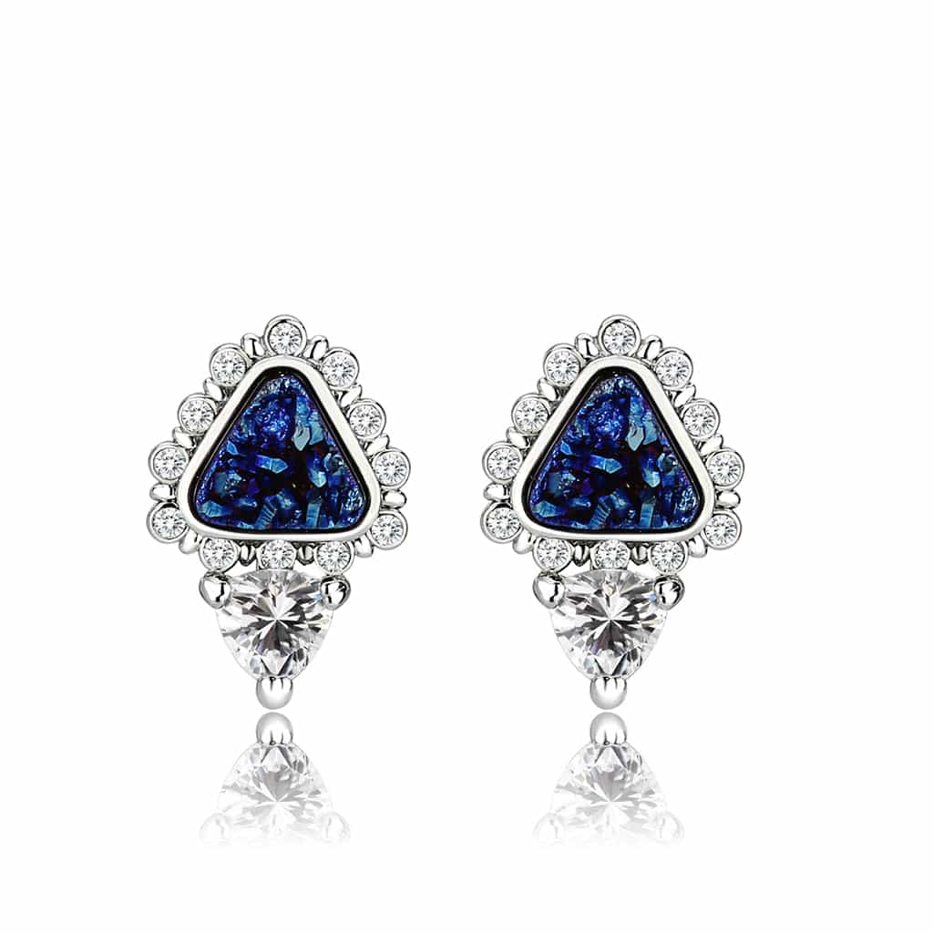 Brass Blue Druzy Triangle CZ Stud Earrings view 3